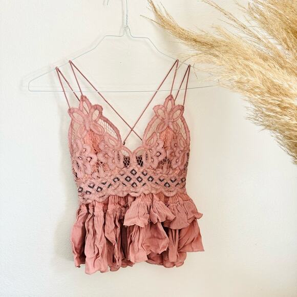 NEW FP FREE PEOPLE Pink Adella Lace Tiered Ruffle Strappy Camisole Tank Top XS - Picture 2 of 14